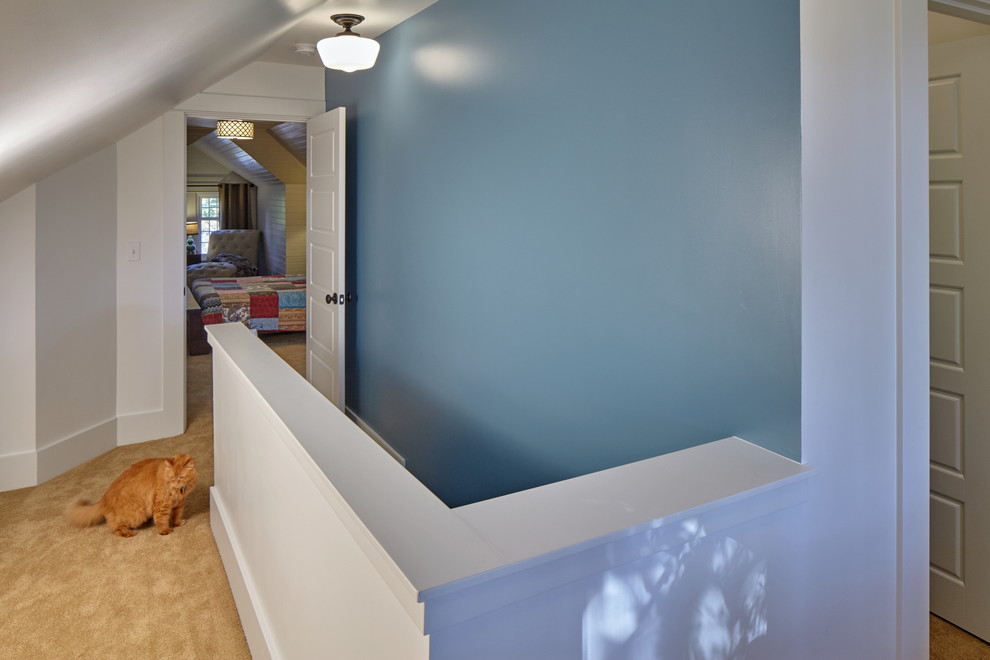 ポートランドにある低価格の中くらいなミッドセンチュリースタイルのおしゃれな廊下 (青い壁、カーペット敷き) の写真