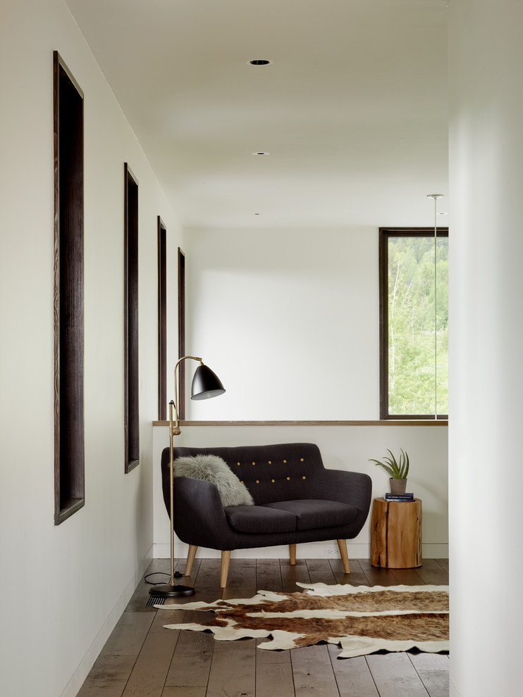 Источник вдохновения для домашнего уюта: коридор: освещение в стиле неоклассика (современная классика) с белыми стенами и темным паркетным полом
