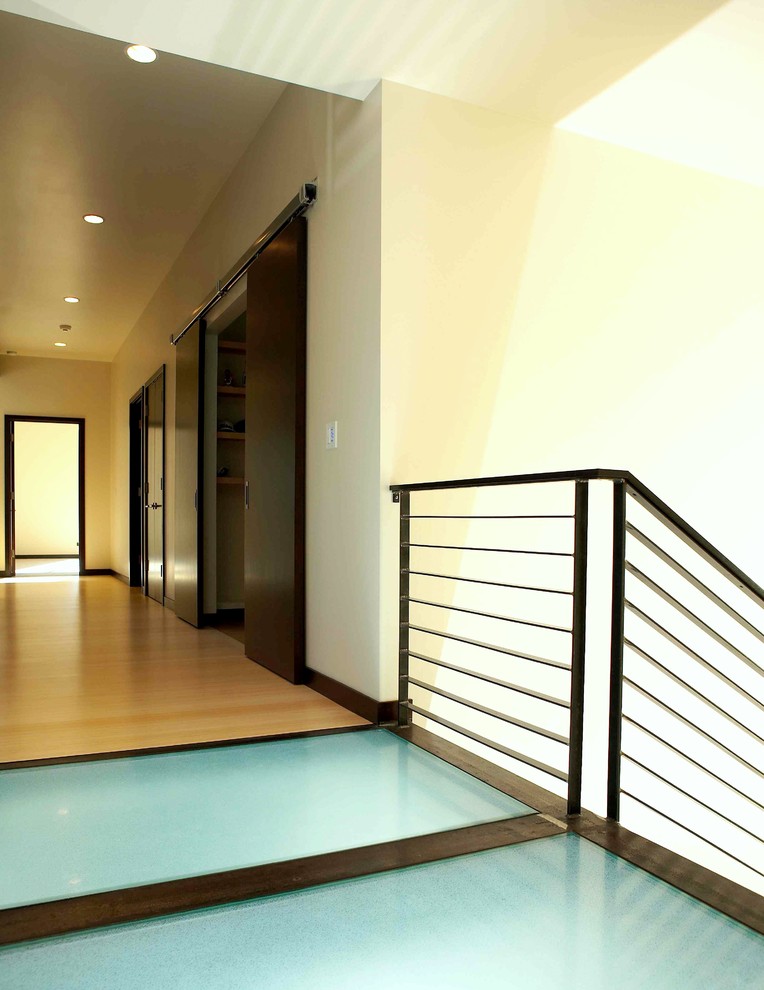 Источник вдохновения для домашнего уюта: коридор среднего размера в стиле модернизм с белыми стенами, светлым паркетным полом и коричневым полом