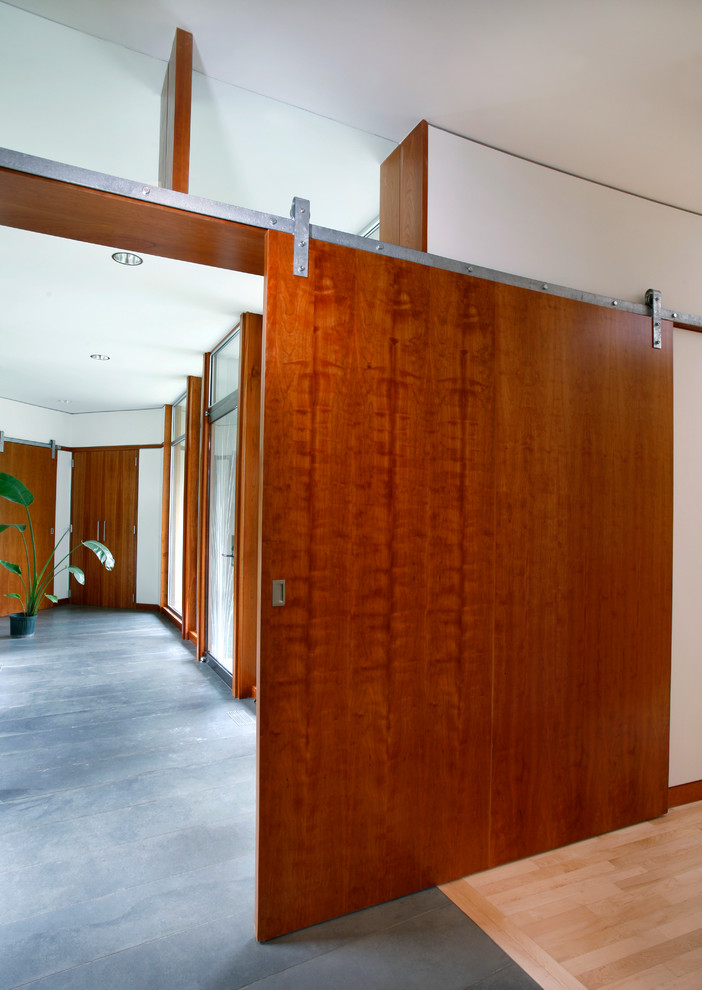 Ispirazione per un ampio ingresso o corridoio minimalista con pareti bianche, pavimento in ardesia e pavimento blu