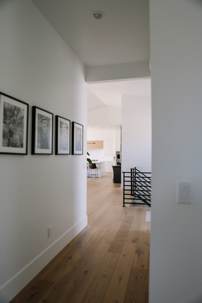 Ispirazione per un ingresso o corridoio minimalista di medie dimensioni con pareti bianche, parquet chiaro e pavimento beige