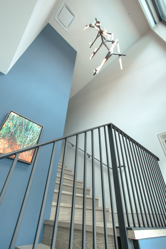 タンパにあるトランジショナルスタイルのおしゃれな廊下 (青い壁、淡色無垢フローリング、グレーの床) の写真