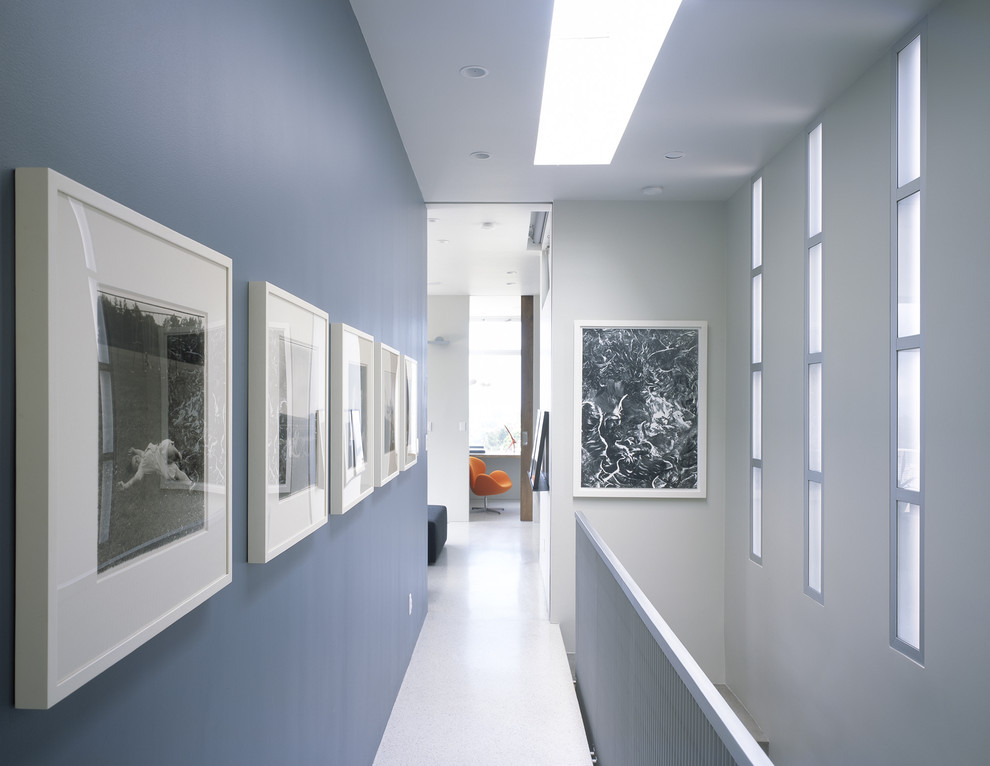 Hallway - contemporary white floor hallway idea in San Francisco with blue walls