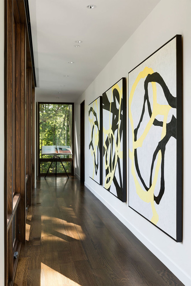 Idée de décoration pour un couloir design avec un mur blanc, parquet foncé et un sol marron.