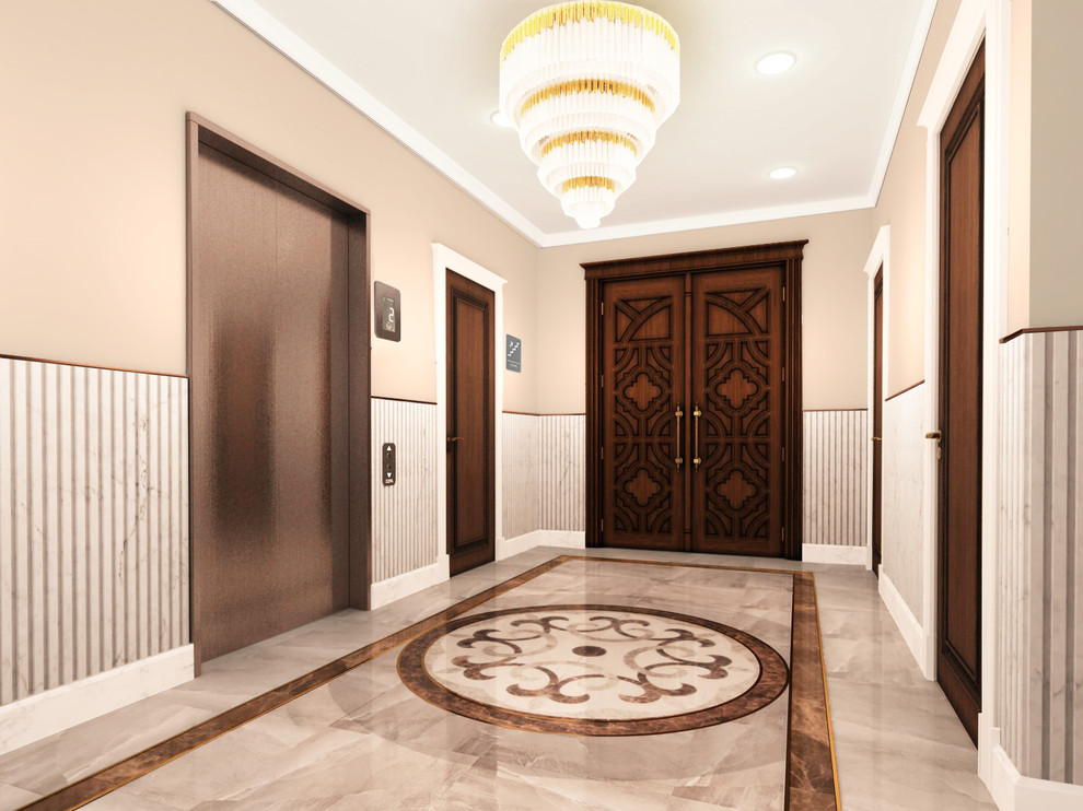 Réalisation d'un couloir minimaliste avec un mur blanc, un sol en marbre et un sol multicolore.