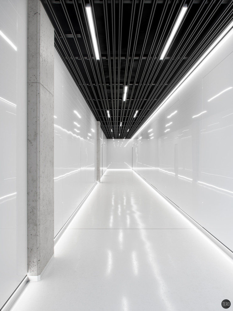 Cette photo montre un couloir moderne de taille moyenne avec un mur blanc, sol en béton ciré et un sol blanc.