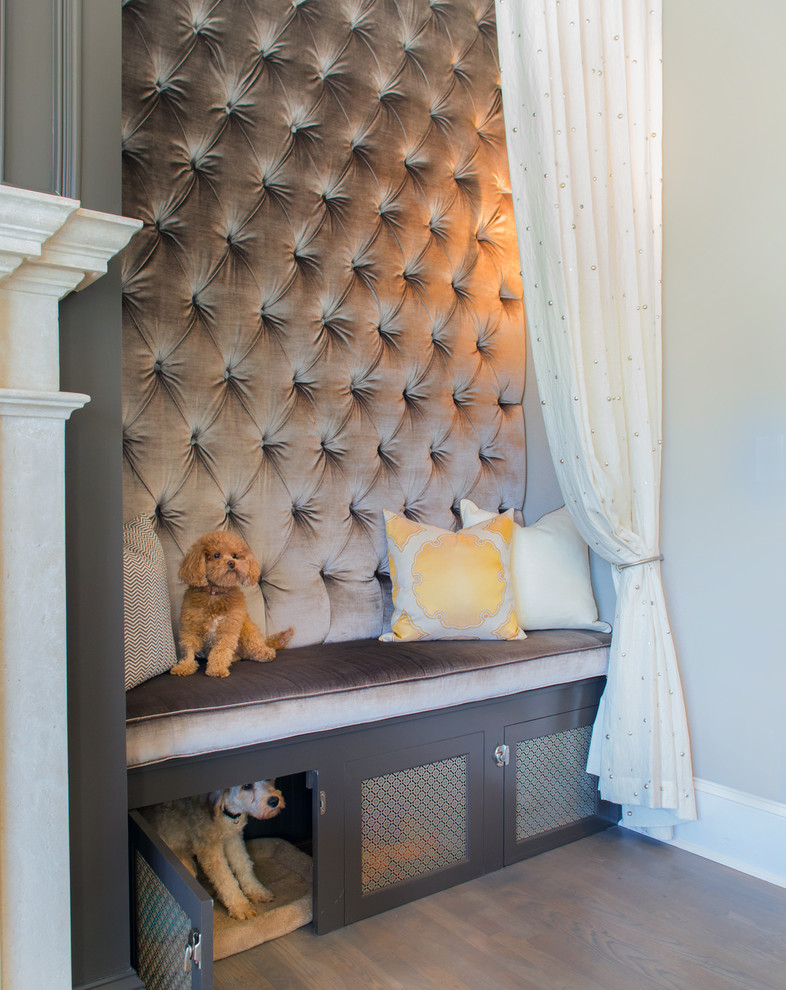 Hallway - mid-sized transitional light wood floor hallway idea in Atlanta with gray walls