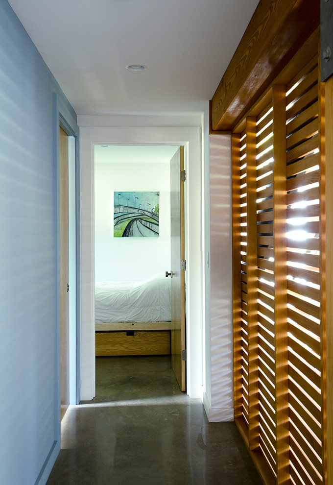 Источник вдохновения для домашнего уюта: коридор среднего размера в современном стиле с синими стенами, бетонным полом и серым полом