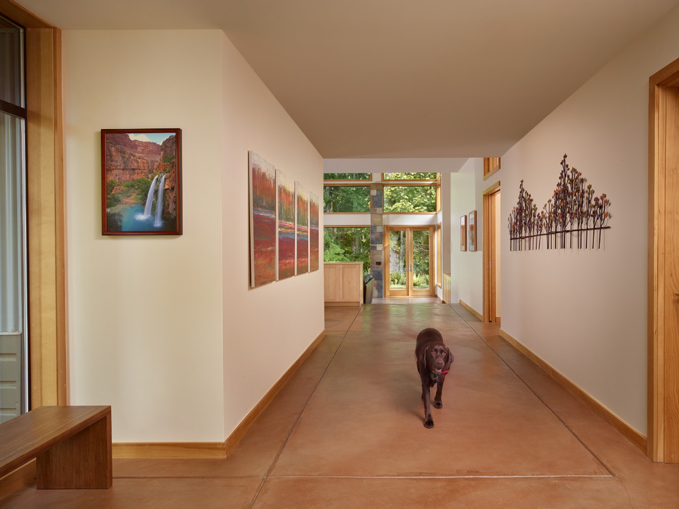 シアトルにあるコンテンポラリースタイルのおしゃれな廊下 (ベージュの壁、オレンジの床) の写真