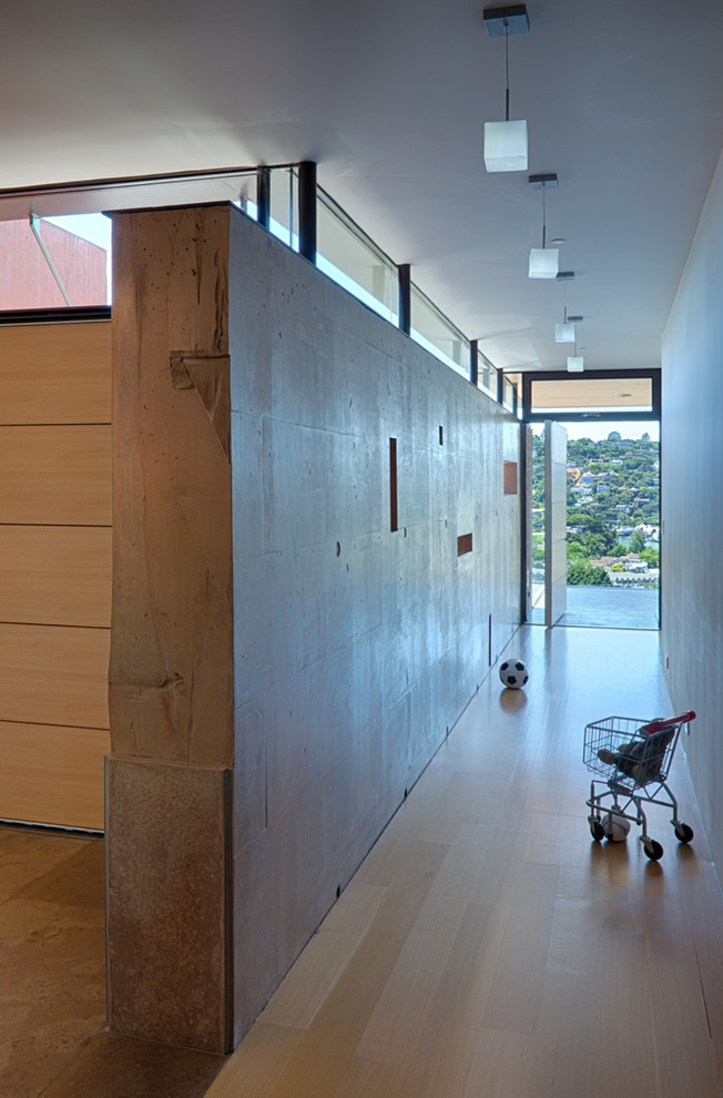 Diseño de recibidores y pasillos minimalistas grandes con paredes multicolor, suelo de madera clara y suelo multicolor