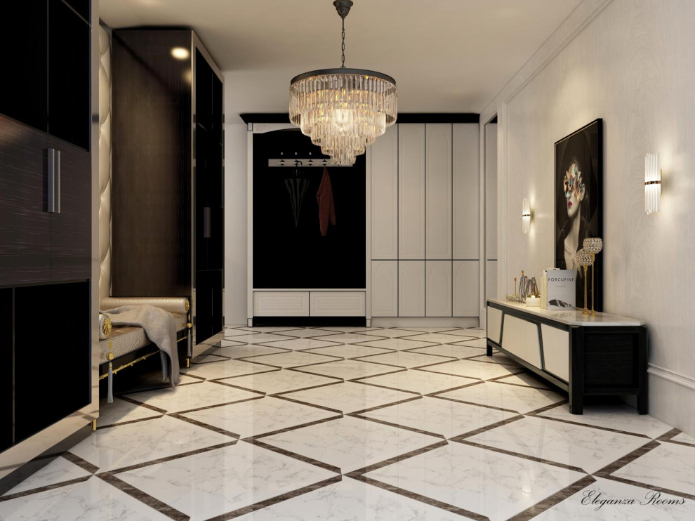На фото: коридор в стиле модернизм с белыми стенами, мраморным полом и белым полом