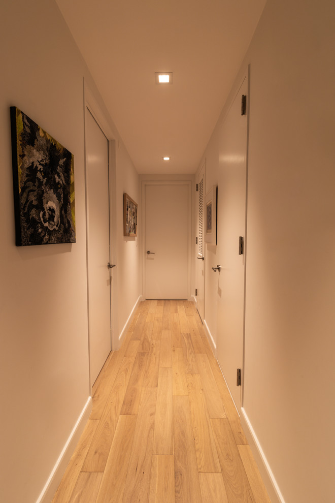 Diseño de recibidores y pasillos modernos con paredes blancas, suelo de madera clara y suelo marrón