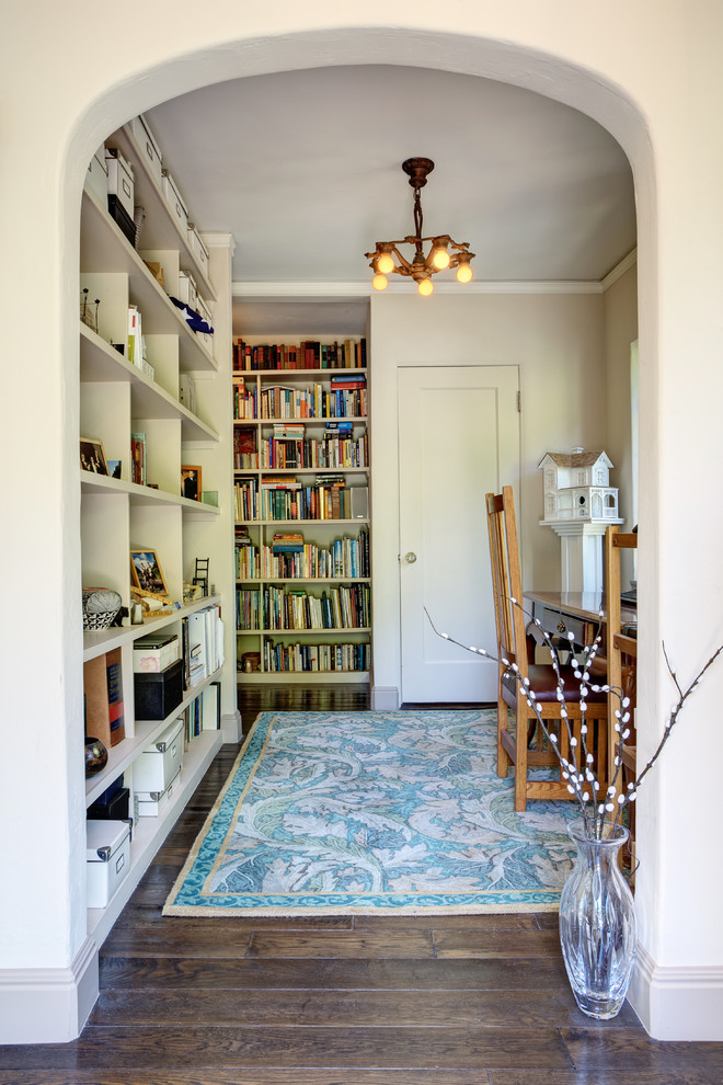 Small elegant medium tone wood floor and brown floor hallway photo in San Francisco with white walls