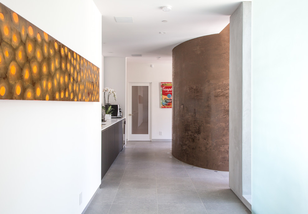 Mid-sized minimalist limestone floor and gray floor hallway photo in Los Angeles with gray walls