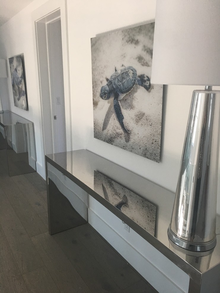 Example of a large trendy dark wood floor hallway design in Miami with white walls