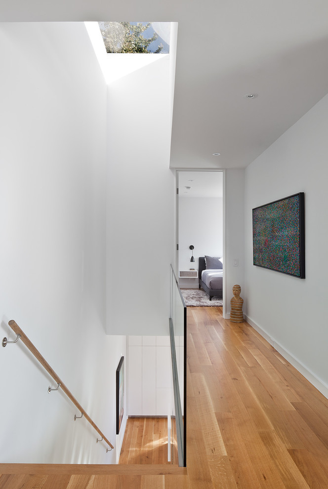 Diseño de recibidores y pasillos minimalistas pequeños con paredes blancas y suelo de madera en tonos medios
