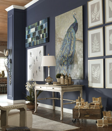Inspiration pour un couloir minimaliste de taille moyenne avec un mur bleu, parquet foncé et un sol marron.