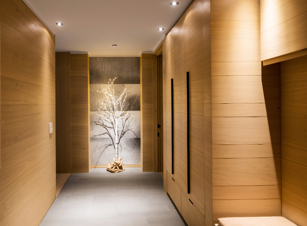Ejemplo de recibidores y pasillos minimalistas de tamaño medio con paredes marrones, suelo de cemento y suelo gris