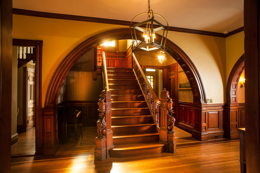 This is an example of a large victorian staircase in Portland Maine.