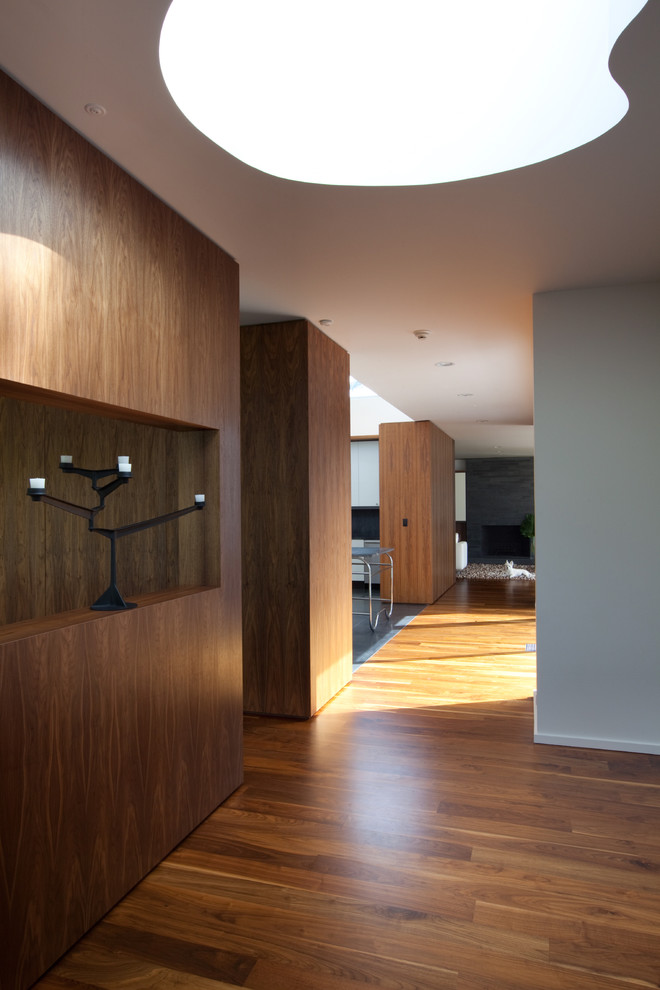 Diseño de recibidores y pasillos modernos con paredes blancas y suelo de madera oscura