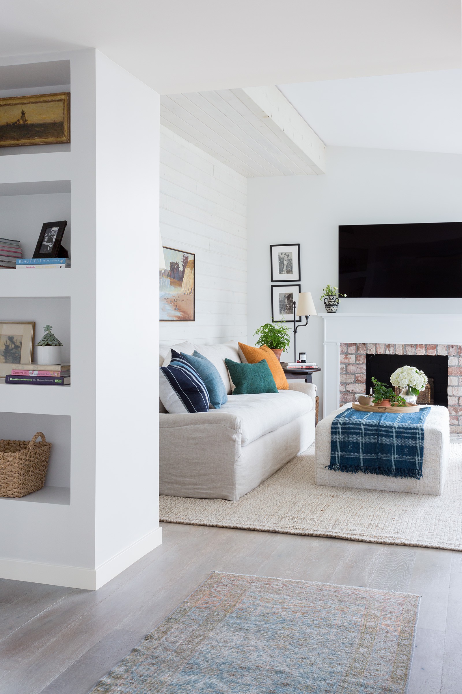houzz coastal living rooms on Warm Transitional Coastal Living Room With Brick Fireplace Beach Style Hall Los Angeles By Hive La Home Houzz