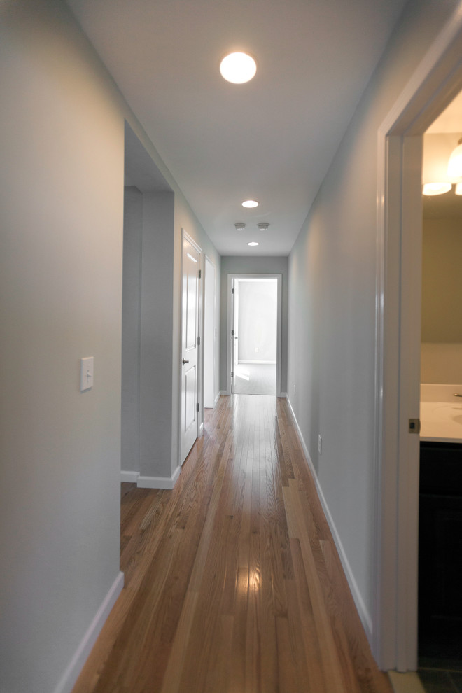 Свежая идея для дизайна: коридор среднего размера в классическом стиле с серыми стенами, паркетным полом среднего тона и коричневым полом - отличное фото интерьера