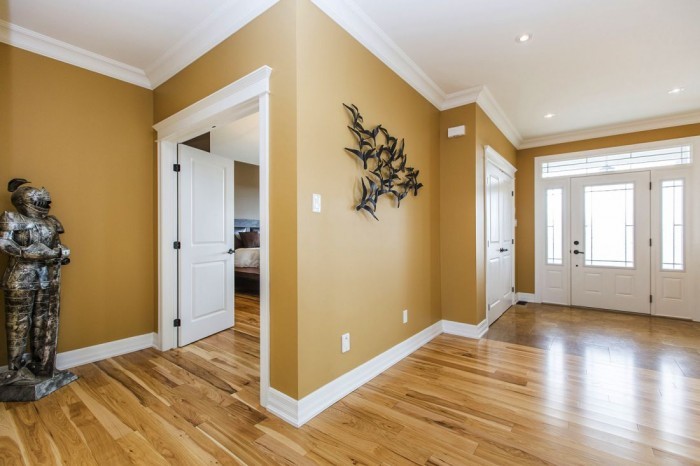 Cette image montre un couloir traditionnel avec un mur marron et un sol en travertin.