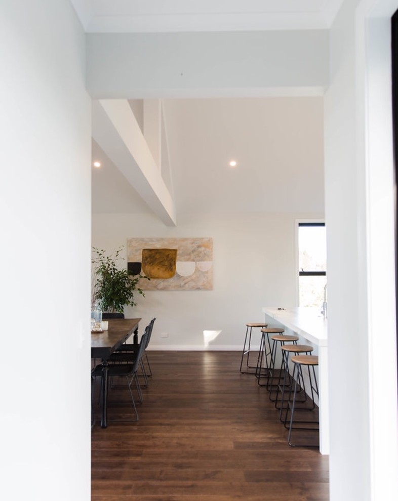 Mittelgroßer Moderner Flur mit weißer Wandfarbe und dunklem Holzboden in Auckland