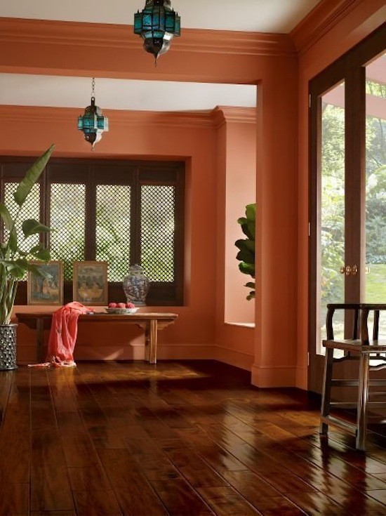 Inspiration för en mellanstor tropisk hall, med orange väggar, mörkt trägolv och brunt golv