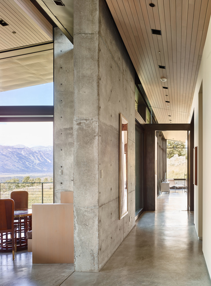 Пример оригинального дизайна: большой коридор в стиле модернизм с серыми стенами, бетонным полом и серым полом