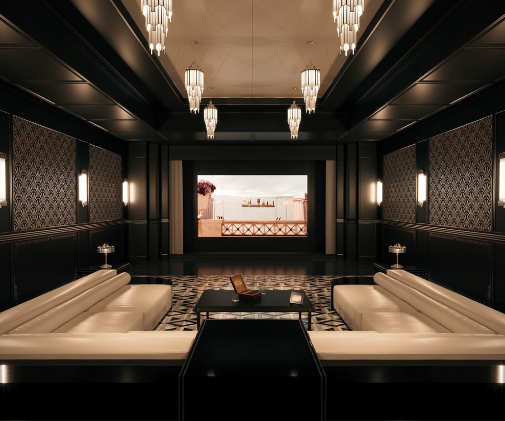 На фото: большой изолированный домашний кинотеатр в классическом стиле с черными стенами, проектором и разноцветным полом