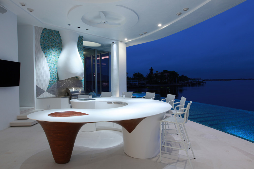 Trendy u-shaped concrete floor and white floor seated home bar photo with flat-panel cabinets and white cabinets