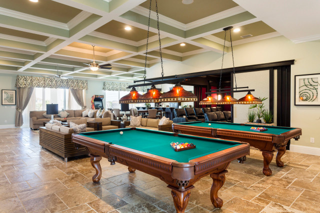 Adult Game Room with Bar and retractable wall theater - Transitional ...