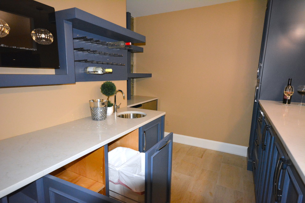 Inspiration for a mid-sized contemporary galley wet bar remodel in Philadelphia with shaker cabinets and blue cabinets