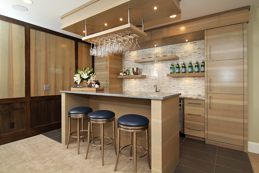 Traditional galley breakfast bar in Minneapolis with flat-panel cabinets, light wood cabinets, beige splashback and matchstick tiled splashback.