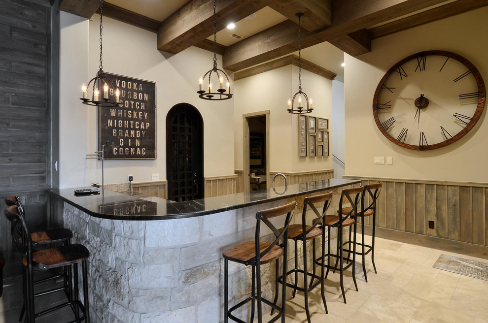 Seated home bar - rustic l-shaped seated home bar idea in Austin