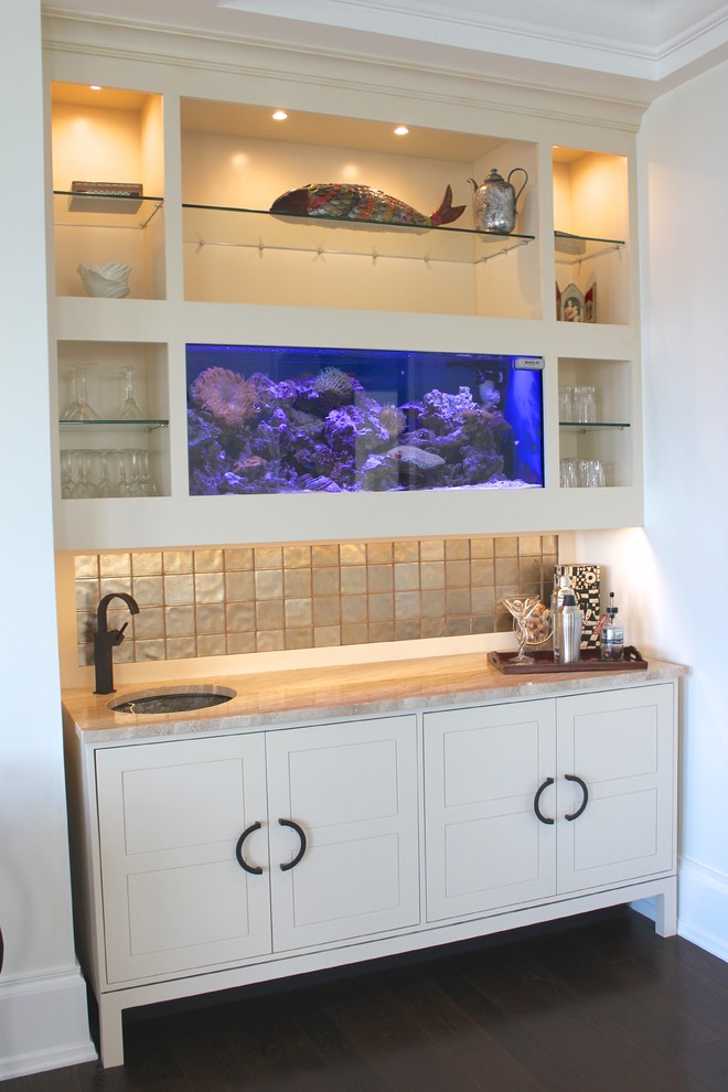 Photo of a small contemporary single-wall wet bar in New York with a submerged sink, white cabinets, marble worktops, ceramic splashback and vinyl flooring.