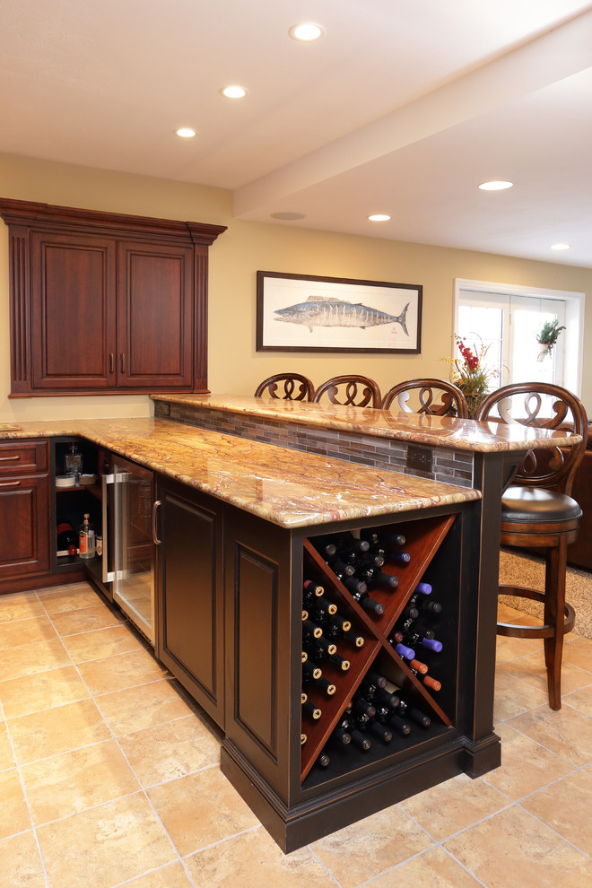 This is an example of a classic u-shaped wet bar in Other with marble worktops.