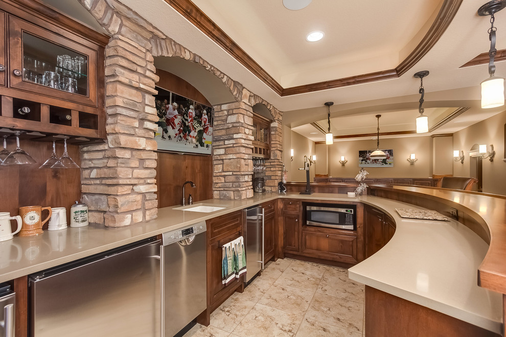 Mid-sized elegant u-shaped porcelain tile and beige floor seated home bar photo in Minneapolis with an undermount sink, recessed-panel cabinets, dark wood cabinets, quartz countertops, brown backsplash, wood backsplash and beige countertops