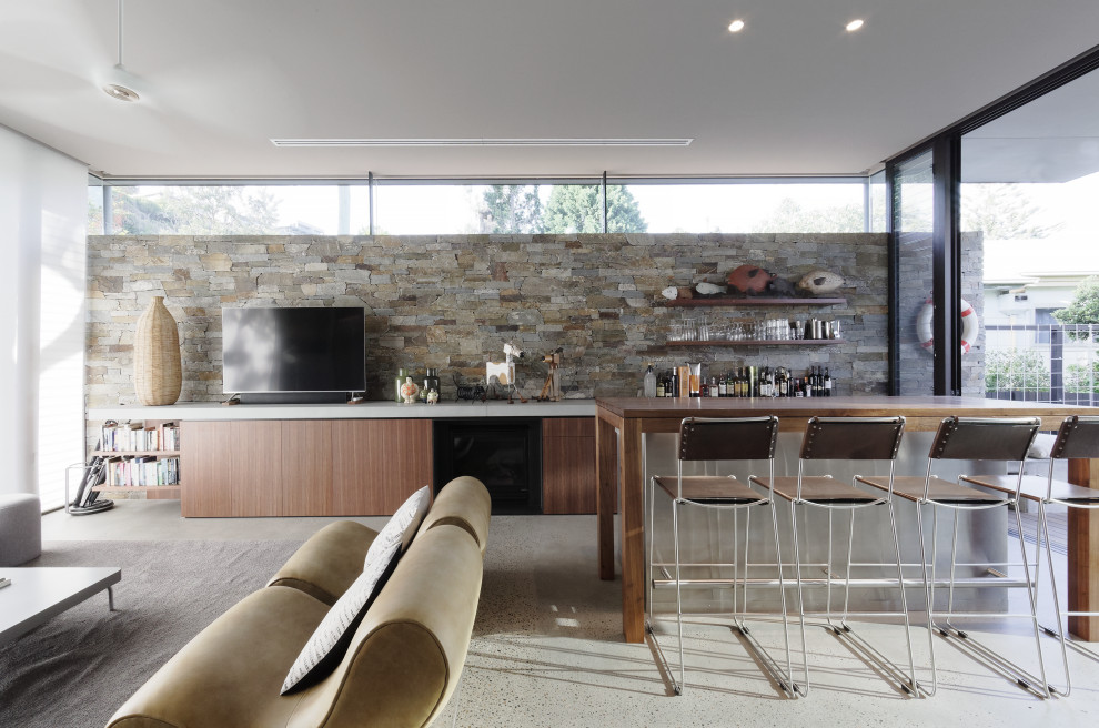 Inspiration for a medium sized contemporary galley wet bar in Central Coast with a submerged sink, beaded cabinets, dark wood cabinets, concrete worktops, grey splashback, stone slab splashback, concrete flooring, grey floors and grey worktops.