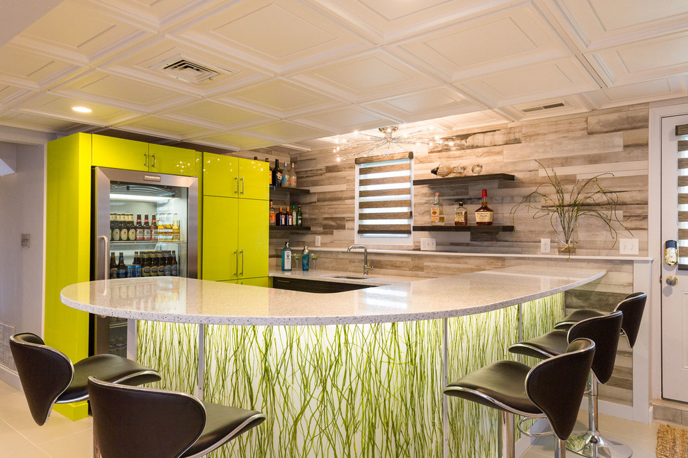 Photo of a contemporary breakfast bar in Boston with a submerged sink, flat-panel cabinets, green cabinets and wood splashback.