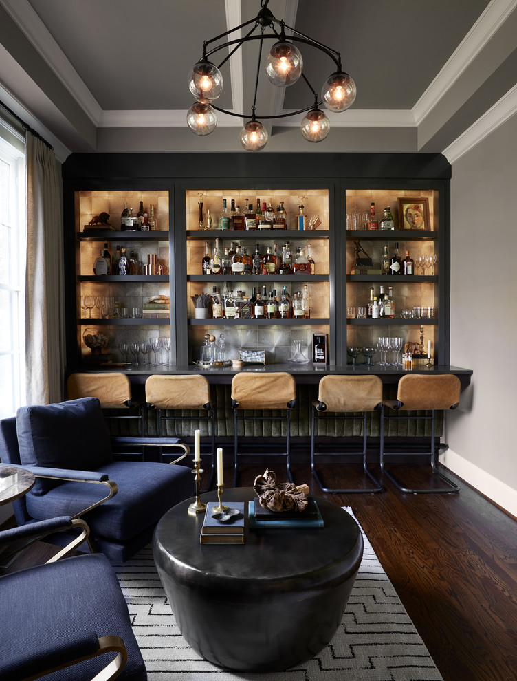 Seated home bar - small contemporary single-wall dark wood floor seated home bar idea in Nashville with open cabinets, gray cabinets, quartz countertops, gray backsplash, gray countertops and metal backsplash