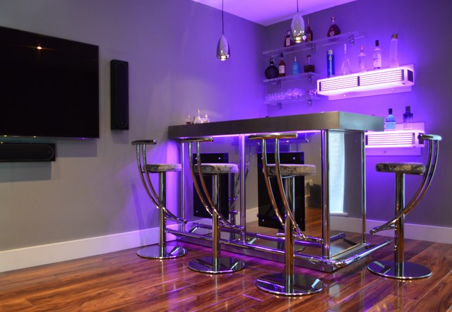Bespoke corner bar in stainless steel with illuminated back bar shelving - Home  Bar - Surrey - by Quench Home Bars | Houzz IE