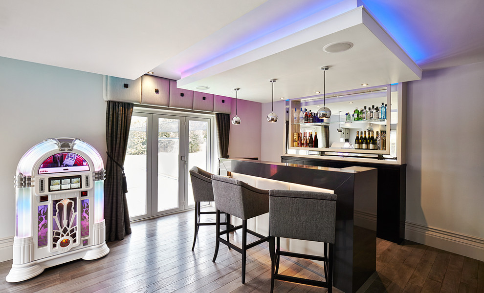 Inspiration for a contemporary u-shaped dark wood floor seated home bar remodel in Other with open cabinets