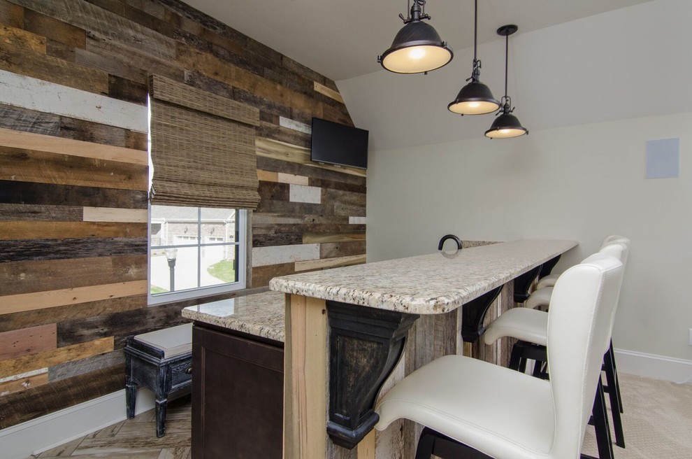 Example of a mid-sized transitional single-wall beige floor seated home bar design in Atlanta with dark wood cabinets, granite countertops, brown backsplash, wood backsplash and beige countertops
