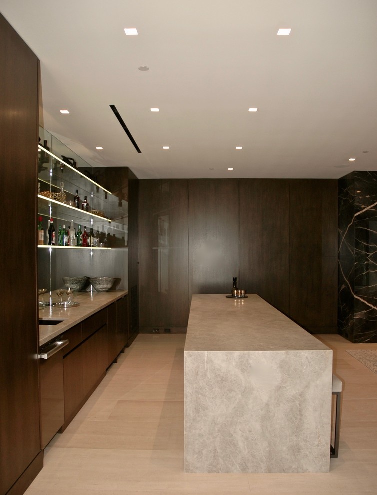 Seated home bar - large modern seated home bar idea in Los Angeles with flat-panel cabinets and dark wood cabinets