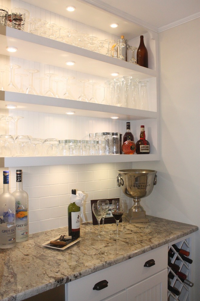 Inspiration for a medium sized traditional u-shaped home bar in Other with shaker cabinets, white cabinets and white splashback.