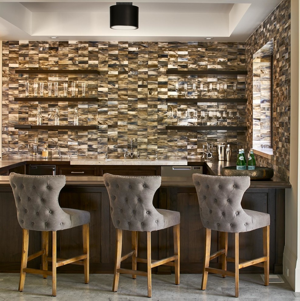 Design ideas for a large traditional u-shaped breakfast bar in Denver with a submerged sink, dark wood cabinets, brown splashback, brown worktops, open cabinets and grey floors.
