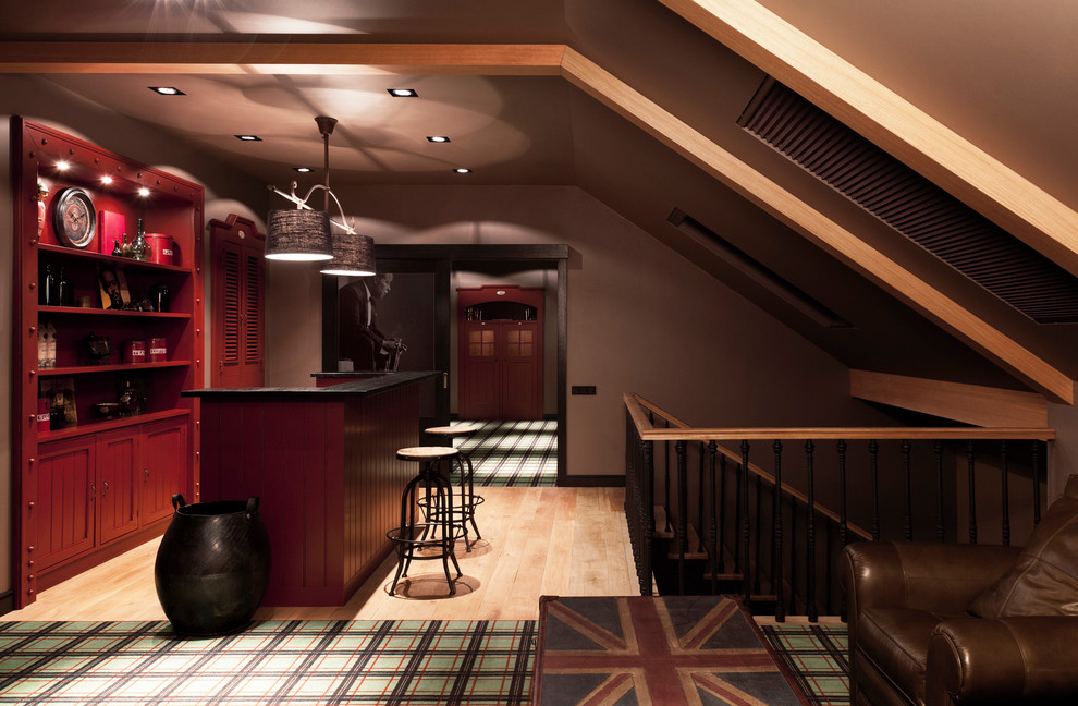 Источник вдохновения для домашнего уюта: прямой домашний бар в современном стиле с фасадами с утопленной филенкой, красными фасадами и черной столешницей