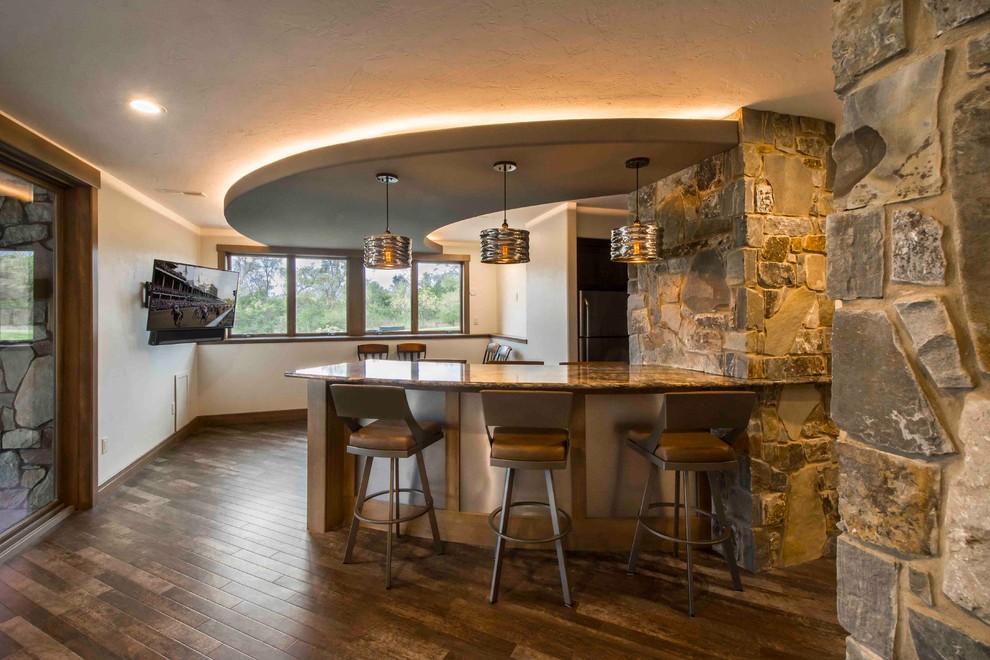 Curved Bar Seating under Curved Soffitt with Rustic Stone Accents